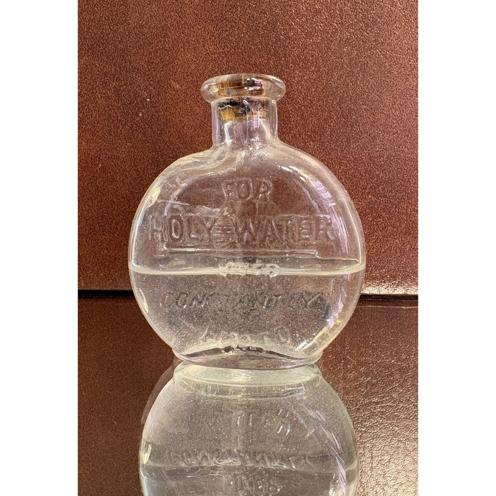 Holy Water Embossed Glass‎ Bottle Antique